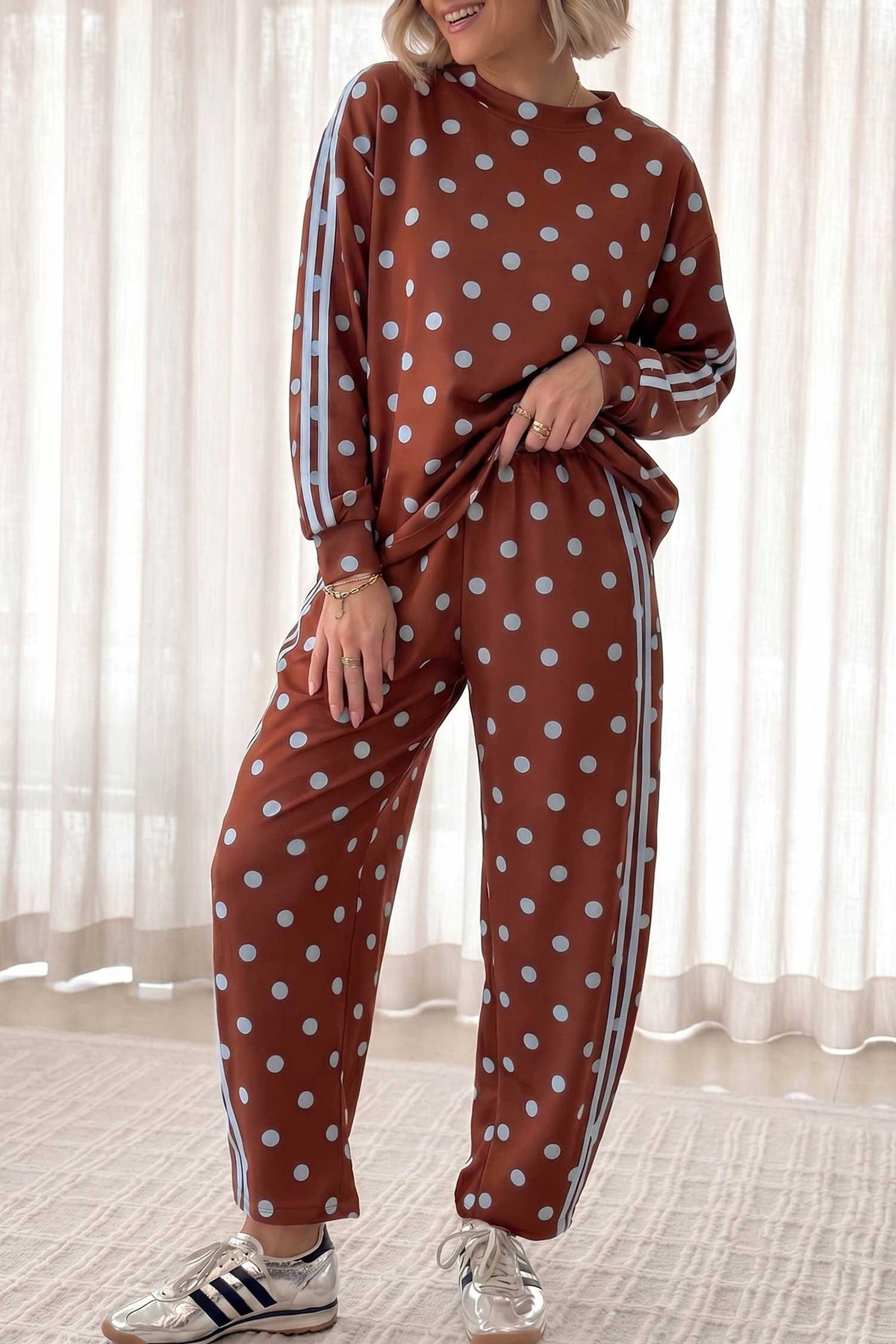Pink Polka Dot Print Side Stripe Detail Long Sleeve Top Pant Set