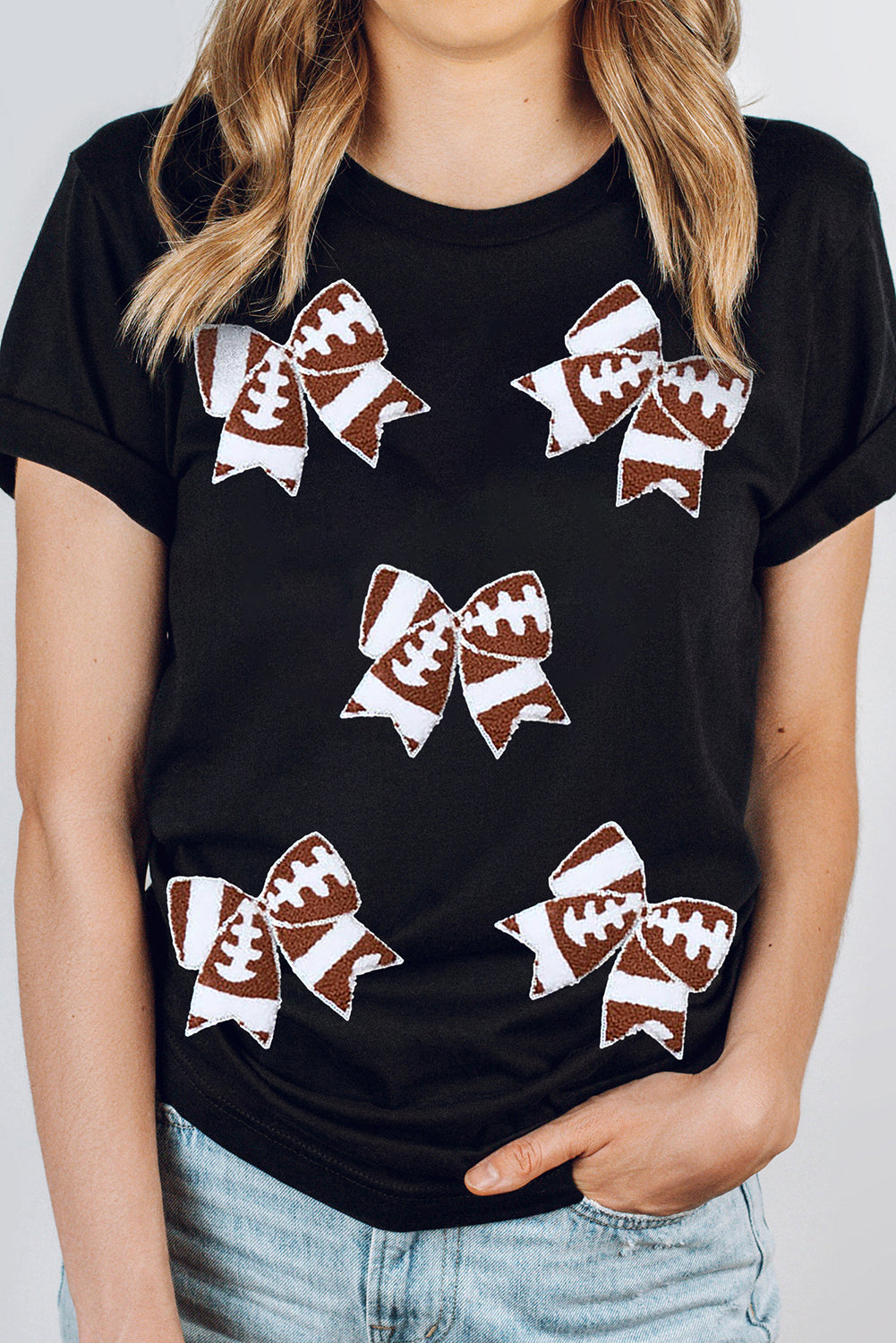Black Rugby Football Bowknot Pattern Game Day T-Shirt