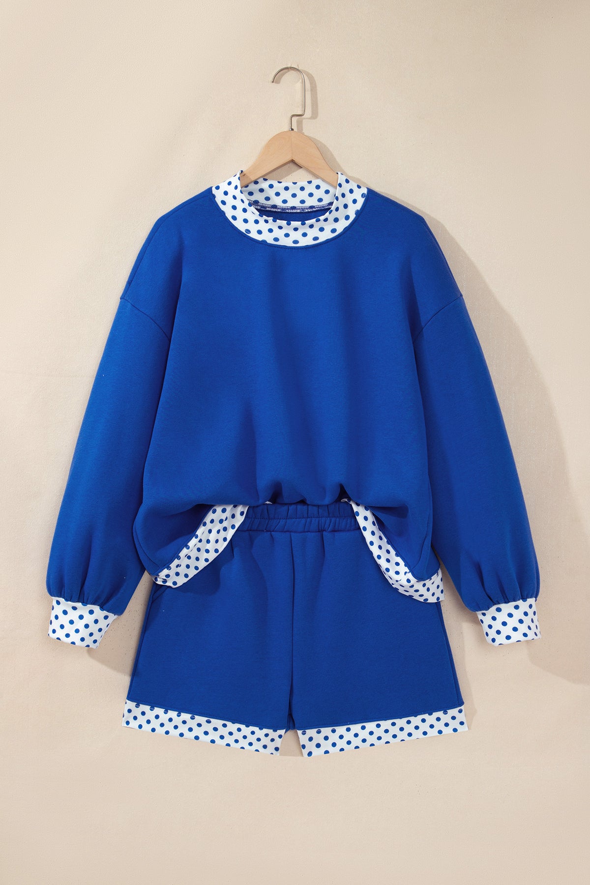 Women's Navy Blue Polka Dot Trim Baggy Pullover Two-Piece Shorts Set