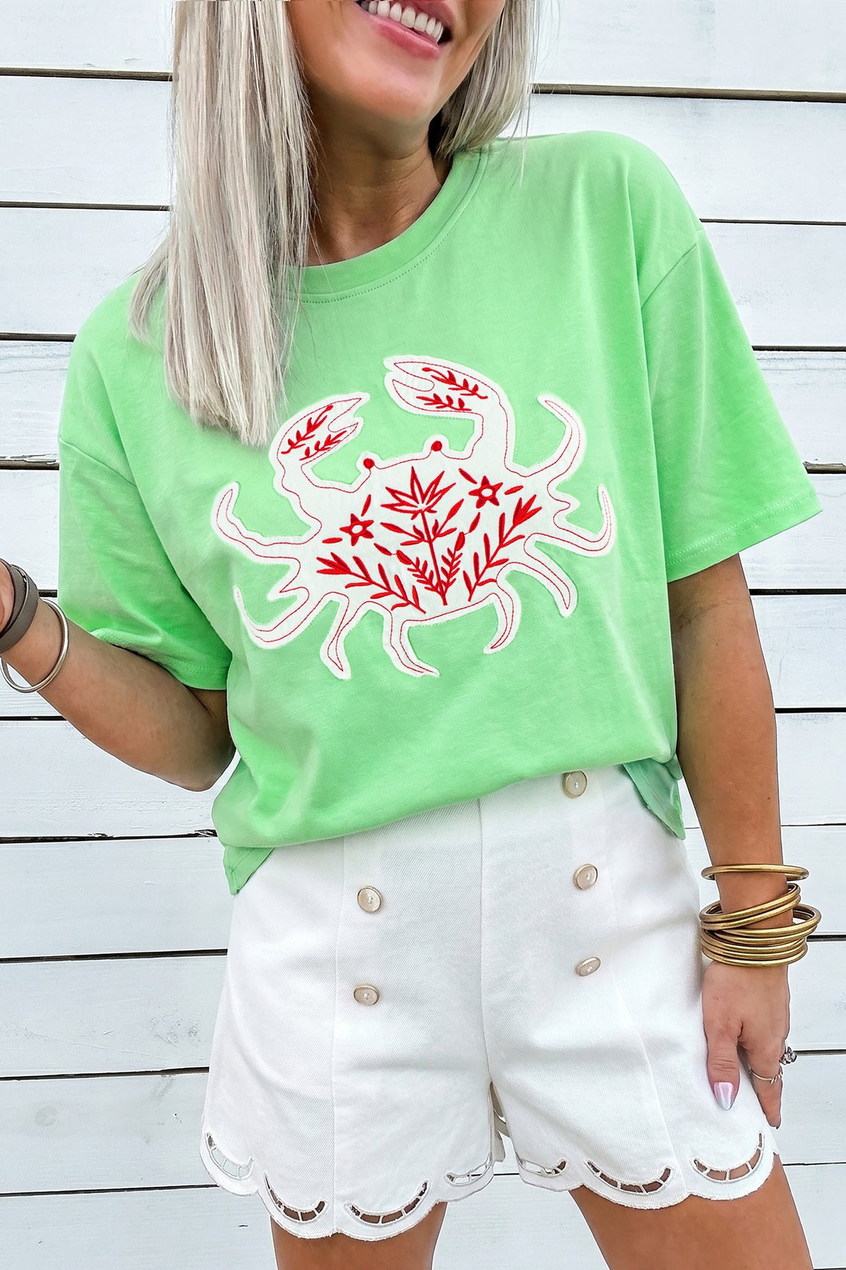 Bright Green Crab Embroidered Patch Round Neck Tee