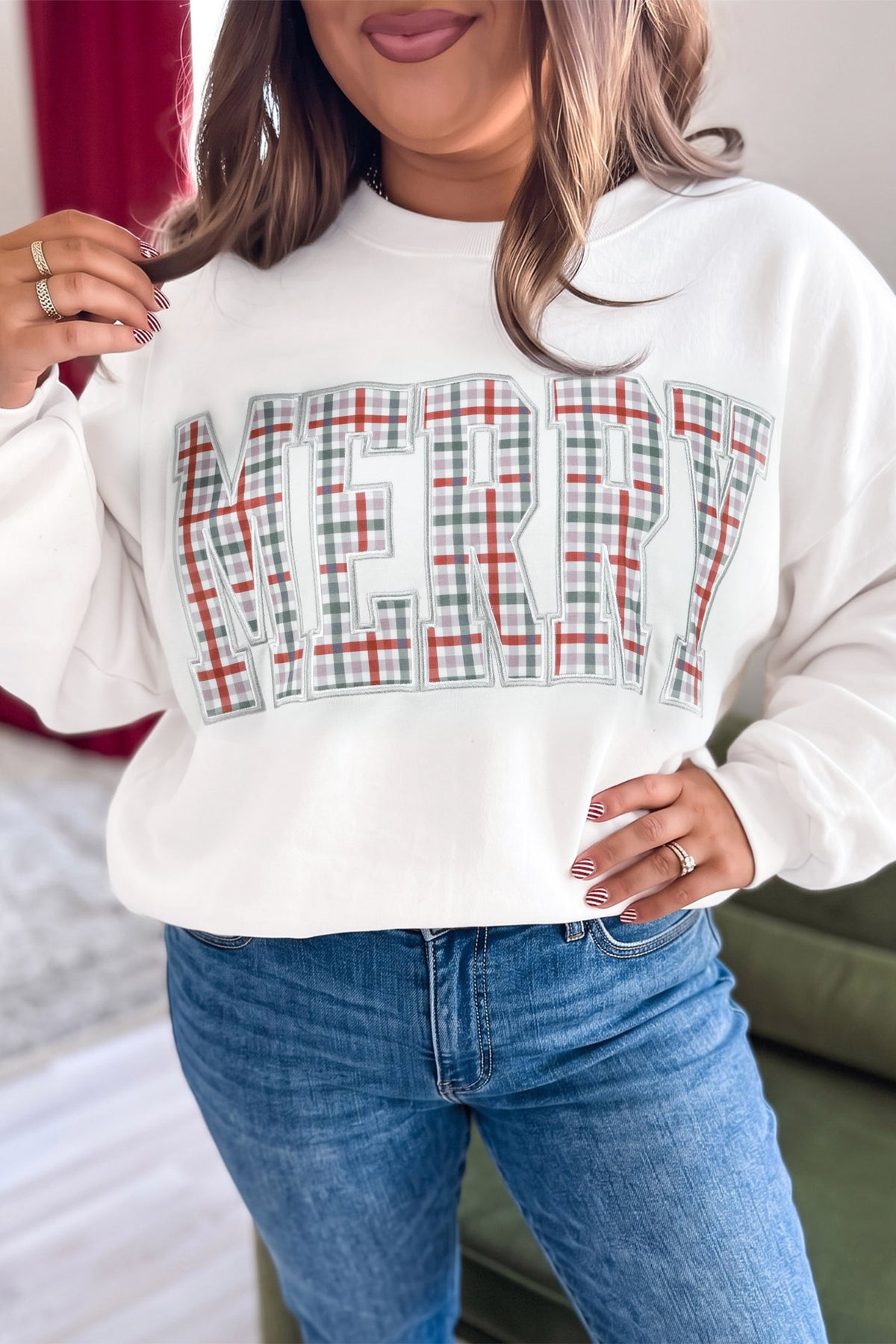Multicolor MERRY Plaid Letter Plus Size Top