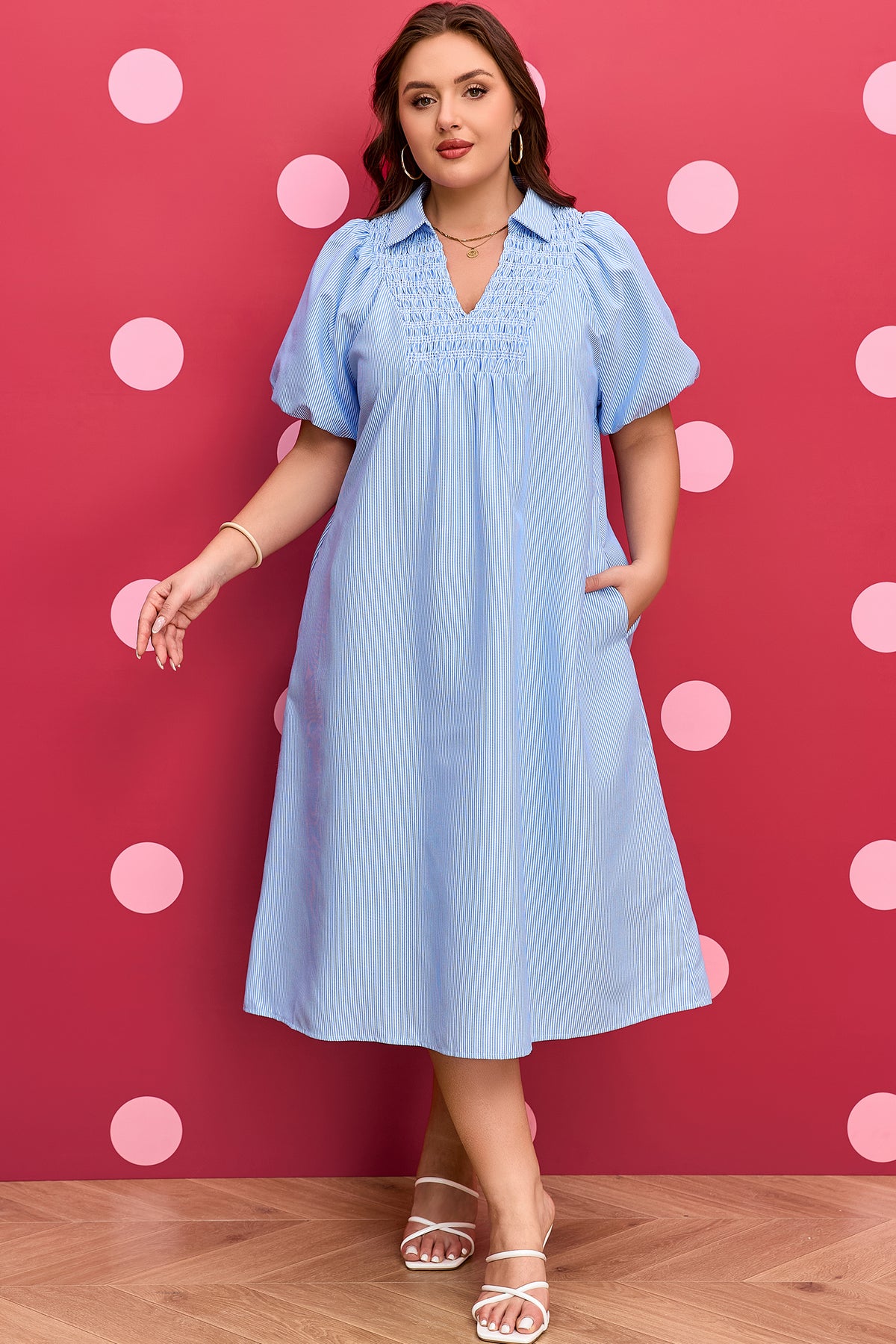 Sky Blue Stripe Shirred Detail Collar V-Neck Plus Size Midi Dress