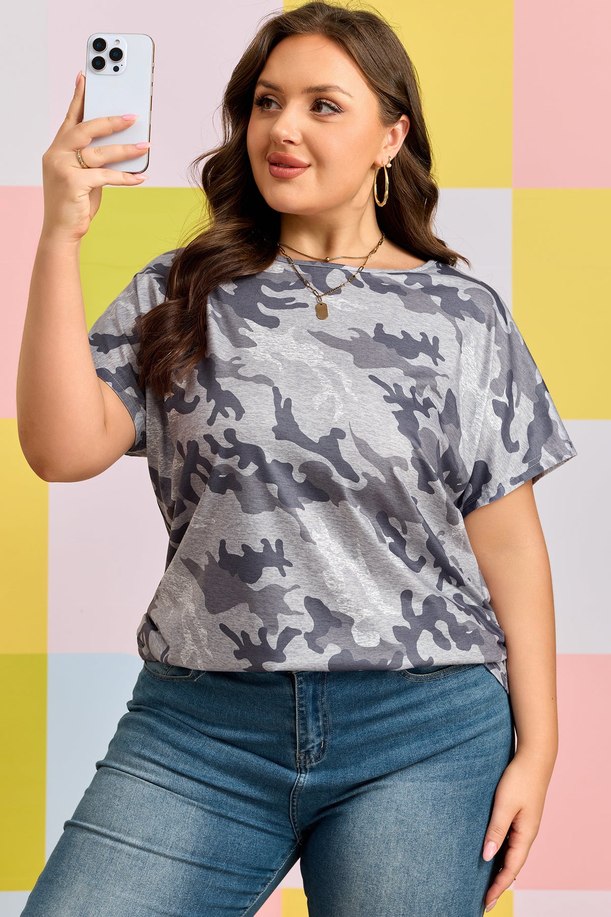 Gray Plus Size Camo Print Casual T-Shirt