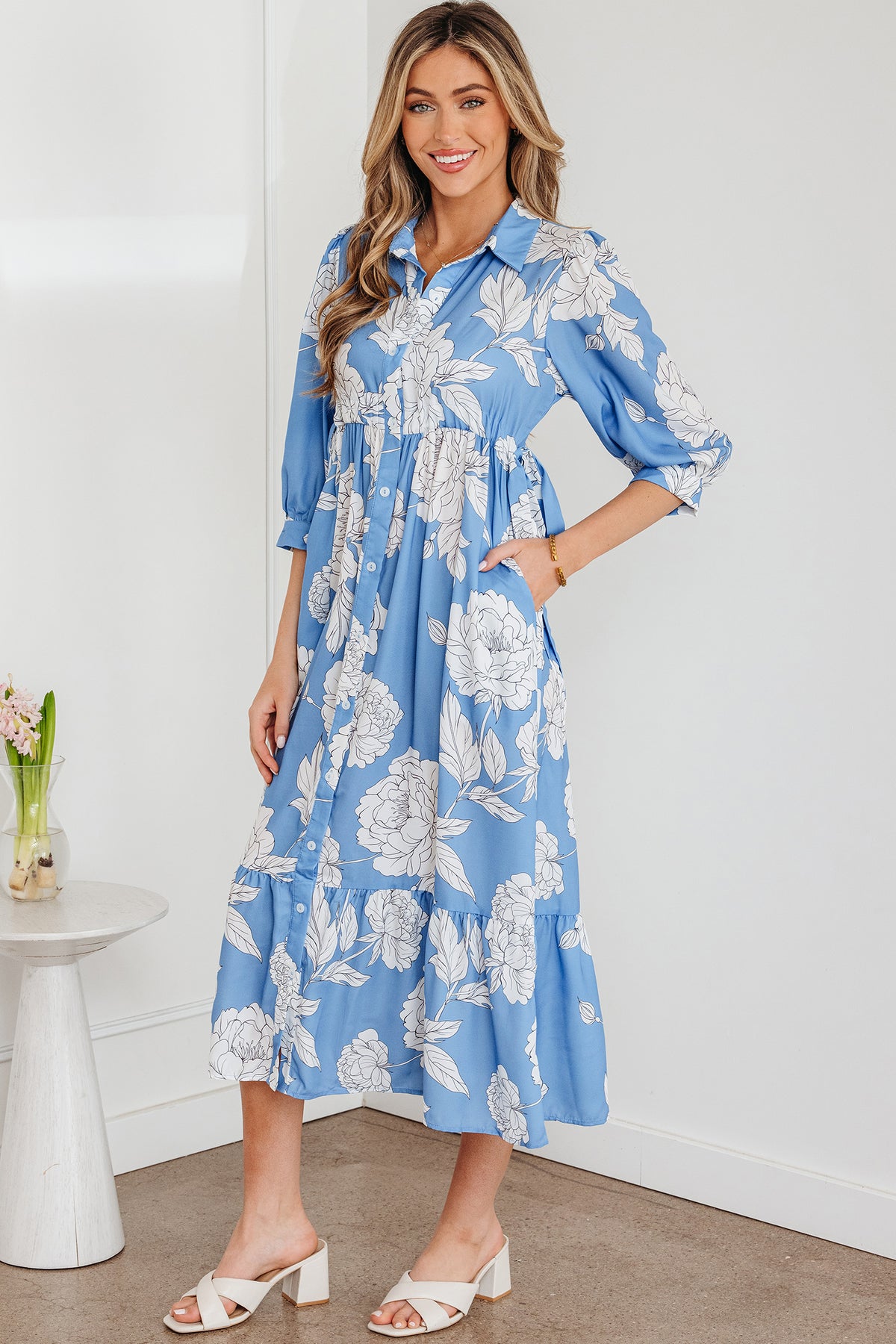 Sky Blue Floral Print Shirt Collar 3/4 Sleeve Ruffle Hem Long Dress
