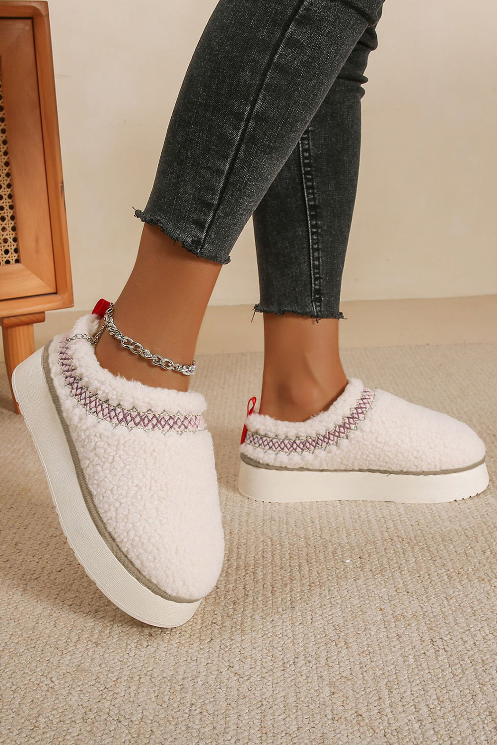 Oatmeal Soft Plush Embroidered Flat Platform Slippers