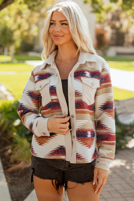 Multicolour Western Aztec Ribbed Double Flap Pocket Raw Hem Shacket