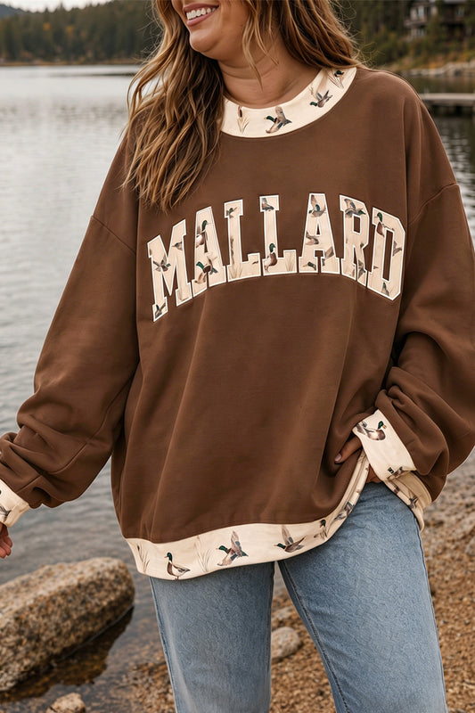 Coffee Plus Size Embroidered Trim Mallard Patch Crewneck Sweatshirt