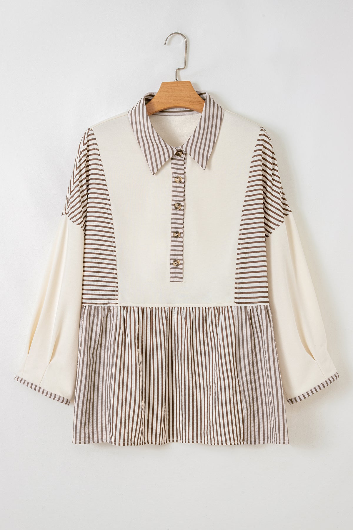 Khaki Stripe Plus Size Color-Block Patchwork Half Button Long-Sleeve Peplum Blouse