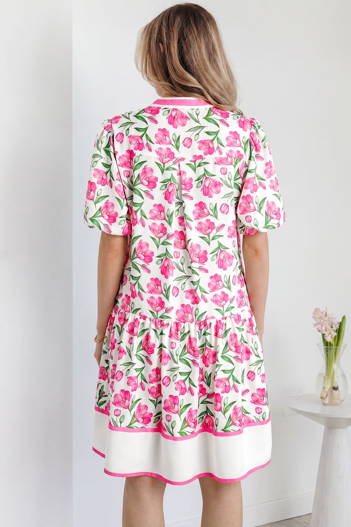 Multicolour Floral Print Striped Color Block Trim Short Dress