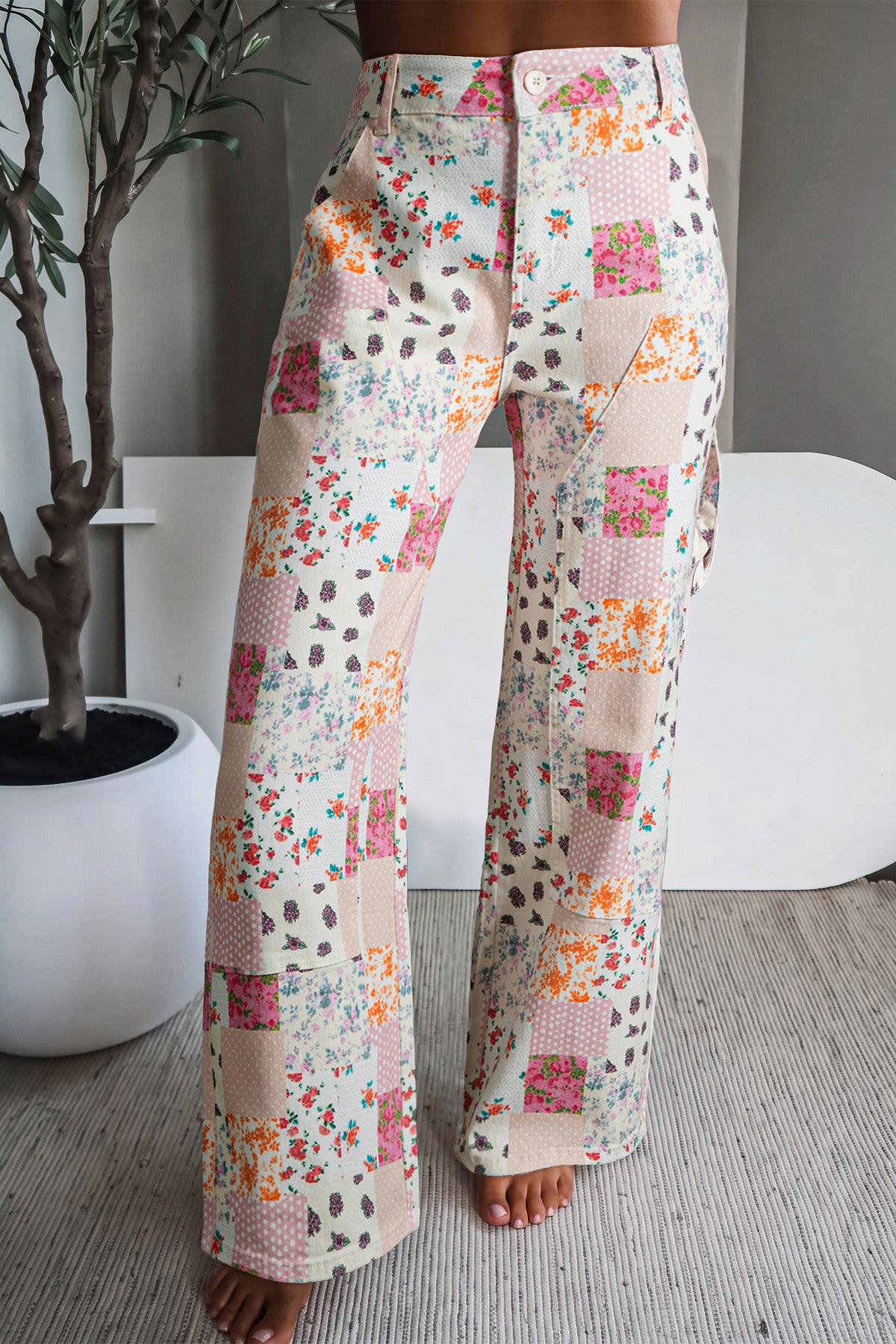 Pink Floral Patchwork Wide Leg Full-Length Jeans