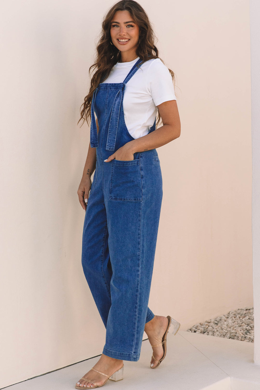 Prussian Blue Mineral Wash Knotted Strap Patched Pocket Wide Jumpsuit