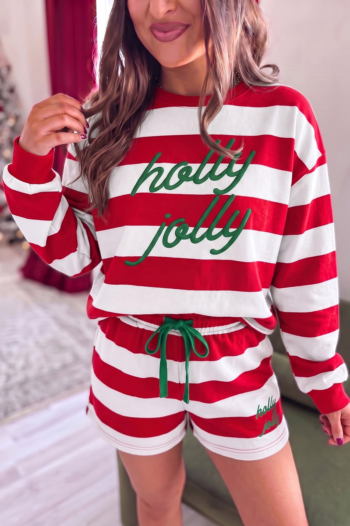 Pink Stripe Holly Jolly Embroidery Long Sleeve Shorts Two Piece Set