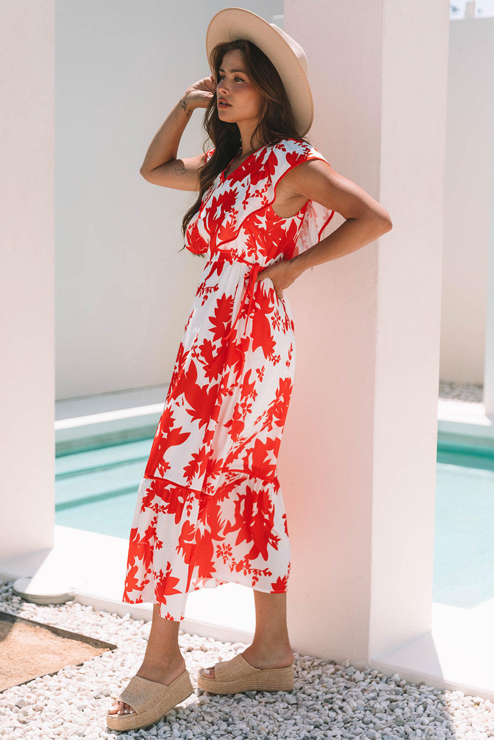 Red Floral Ruffle V-Neck Maxi Dress