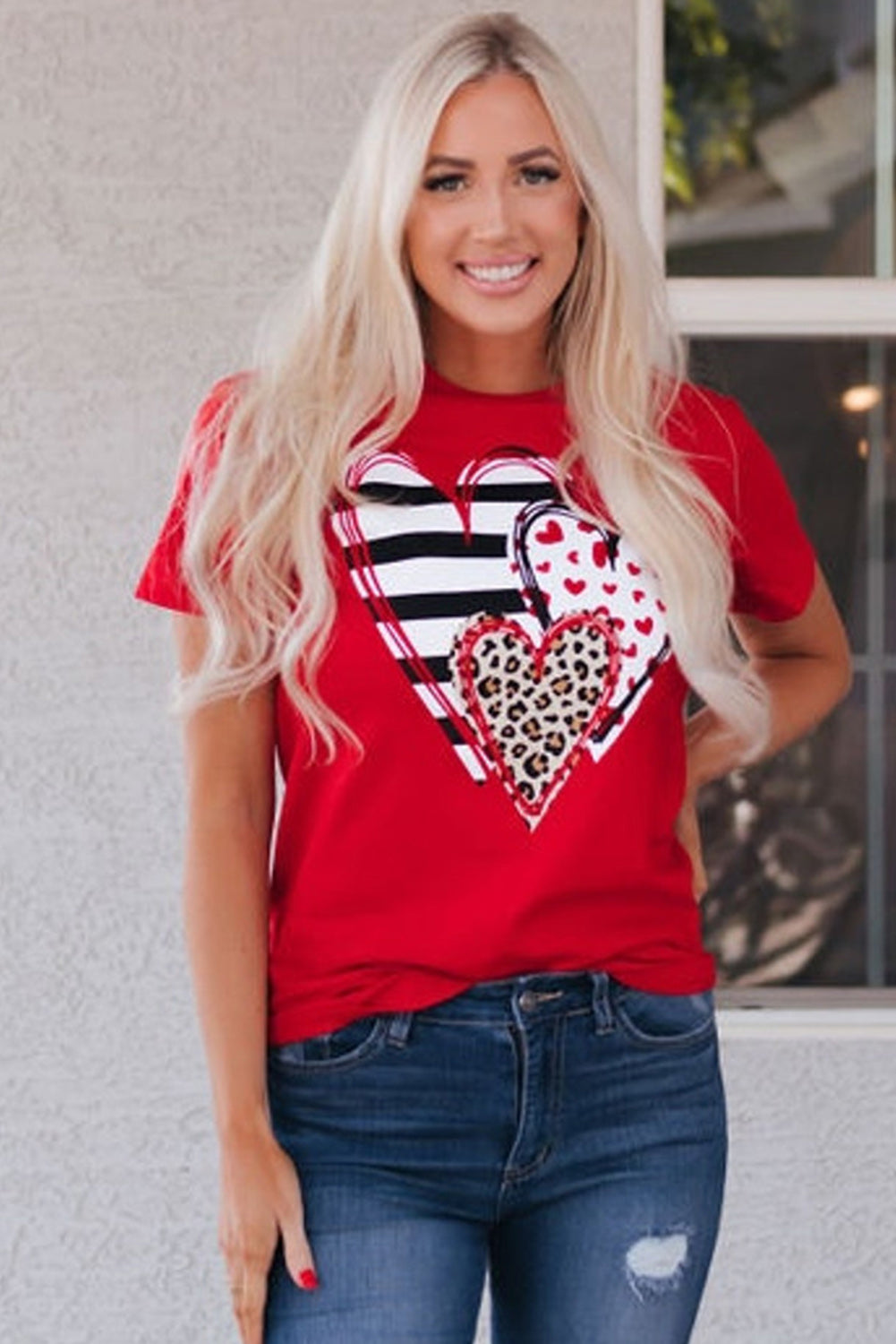 Red Leopard Striped Heart Shaped Print Crew Neck T-Shirt