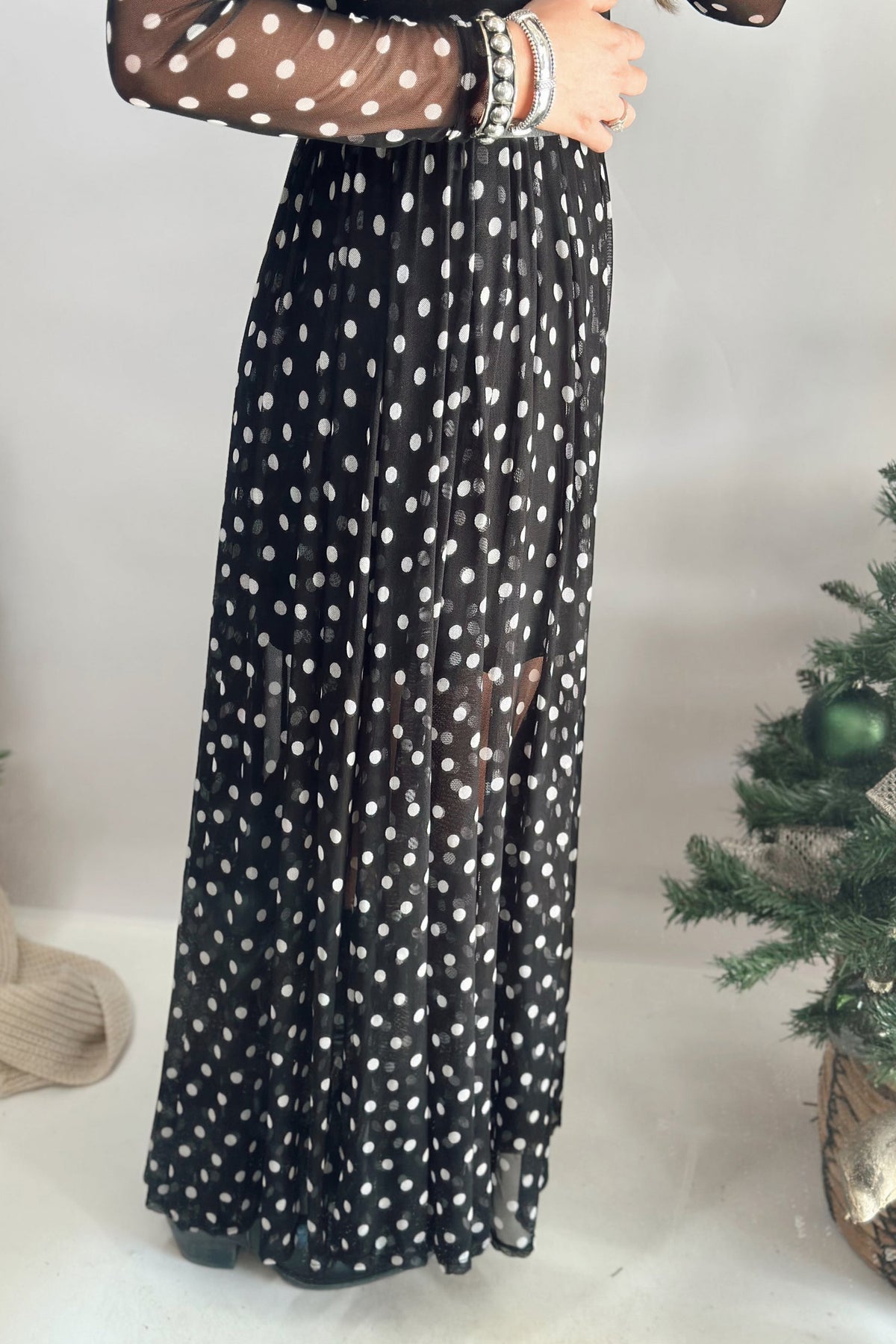 Black Polka Dot Pattern Mesh Long Sleeve Maxi Dress Set