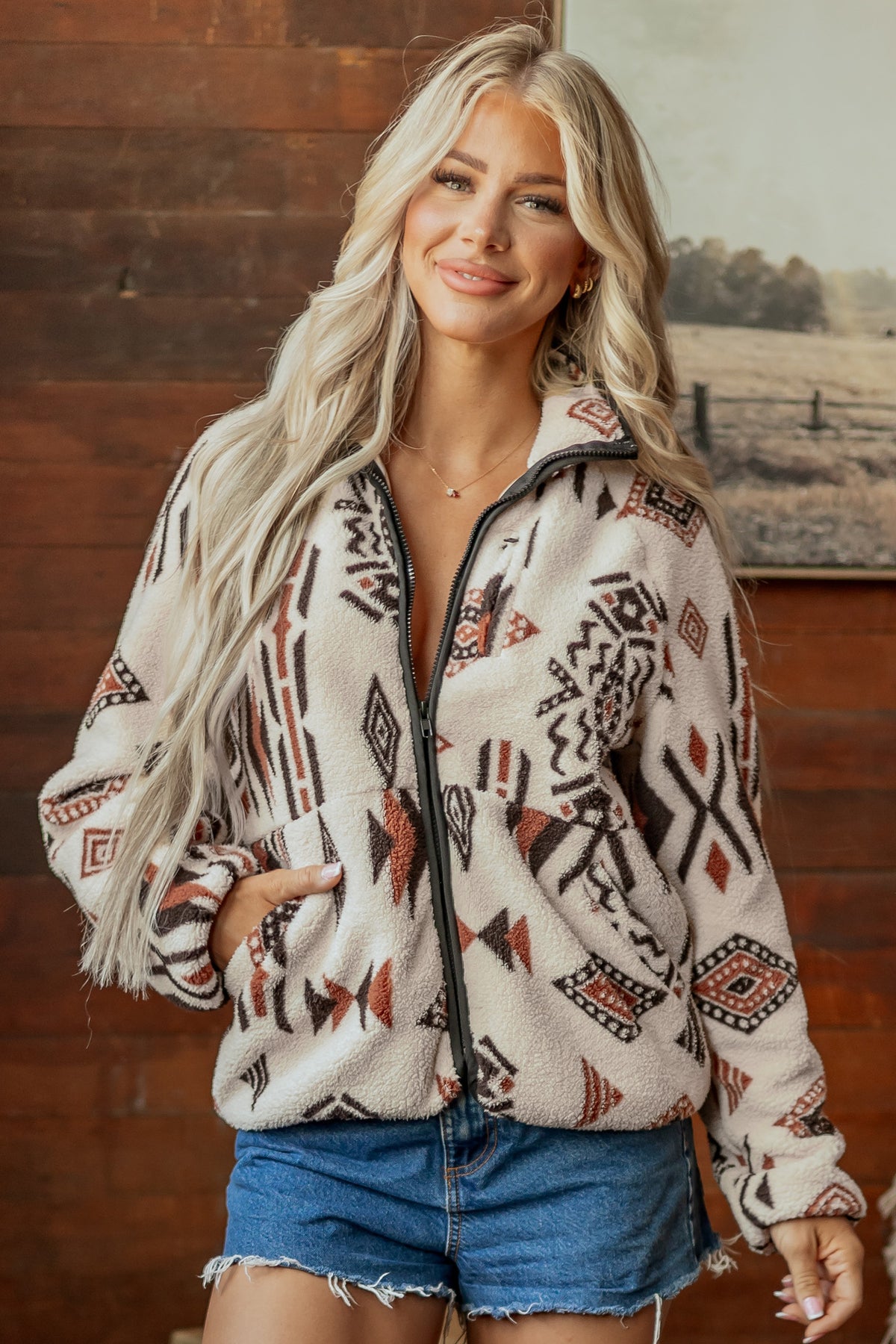 Beige Geometric Print Long Sleeve Shirt Collar Zip-up Placket Jacket