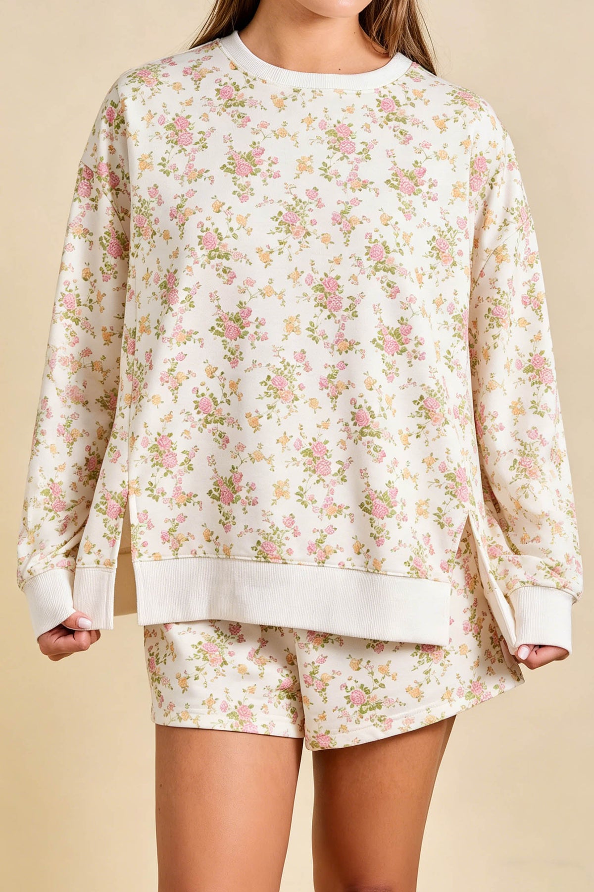 Women's Beige Floral Print Long-Sleeve Shift Top Pocketed Shorts Two-Piece Set