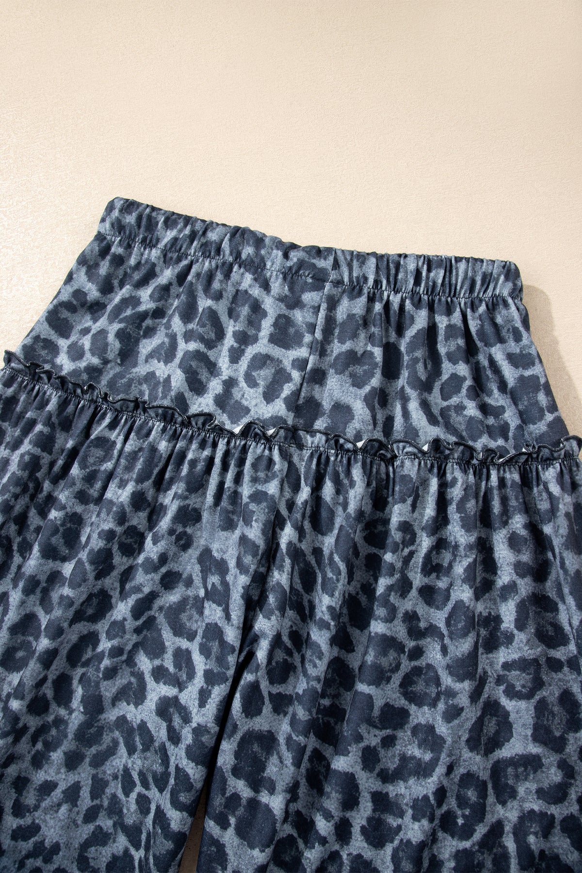 Gray Wild Leopard Print Frilled Drawstring Wide Leg Pants