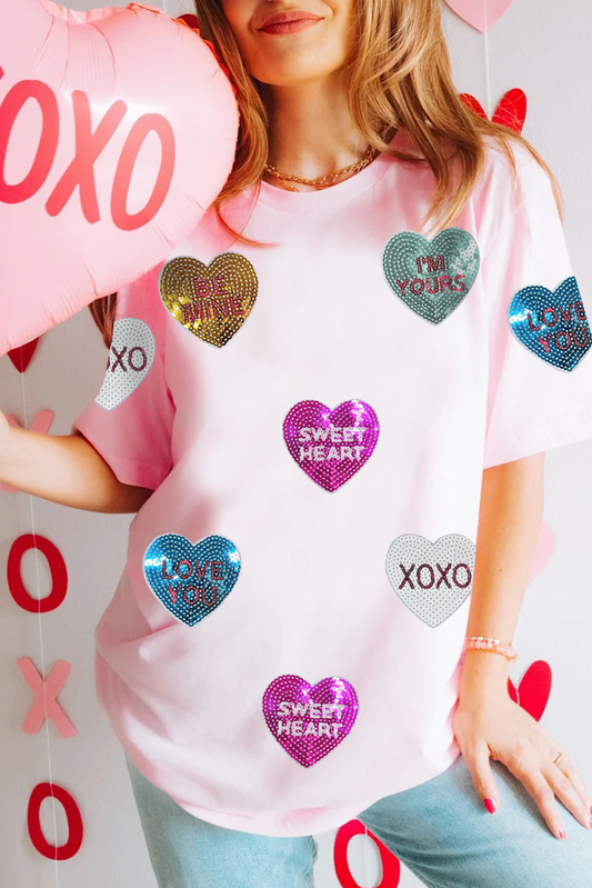 Pink Sequin Valentines Lettering Heart Patched Crewneck T-Shirt
