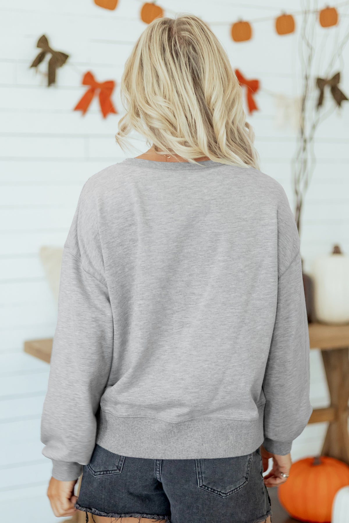 Medium Grey Sequin Western Ghost Print Round Neck Sweatshirt