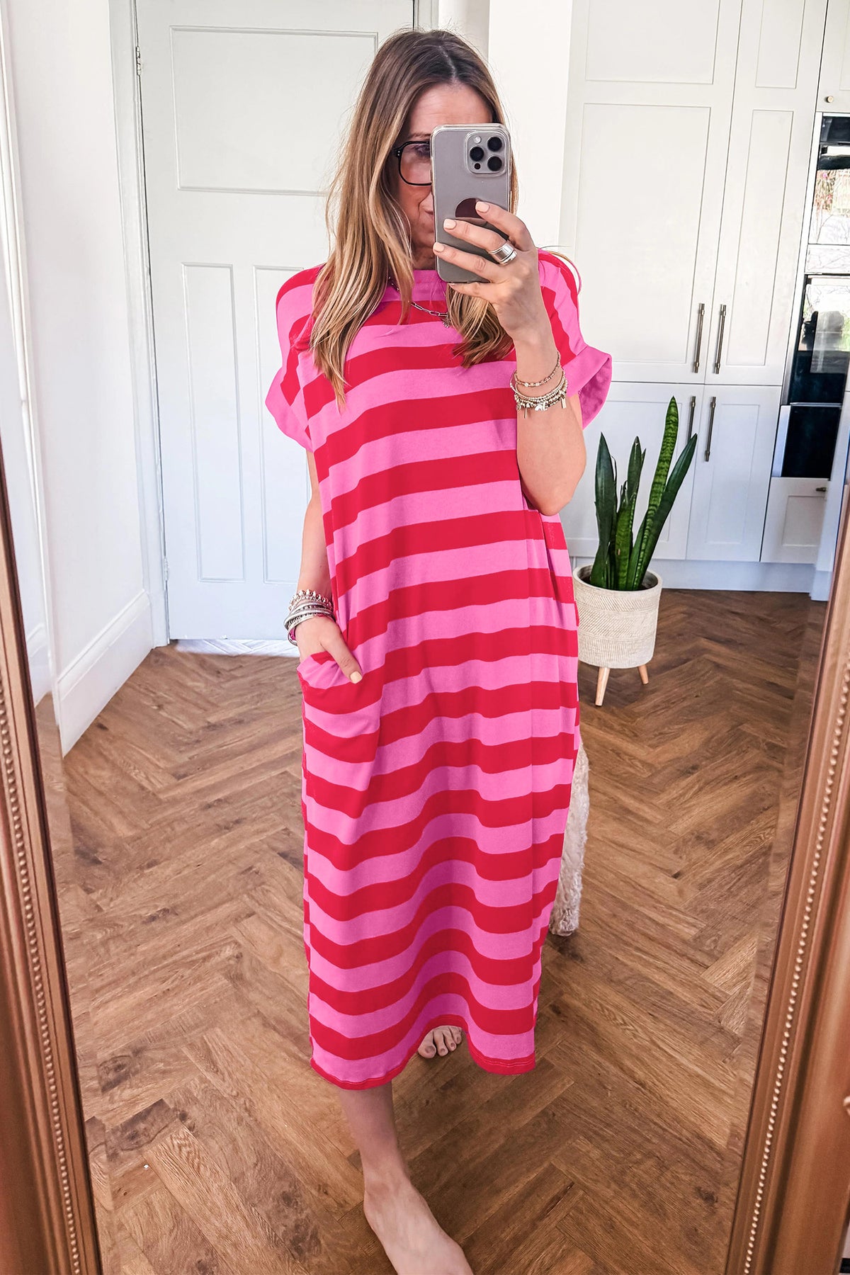 Rose Stripe Cuffed Short Sleeve Pocketed T-Shirt Long Dress