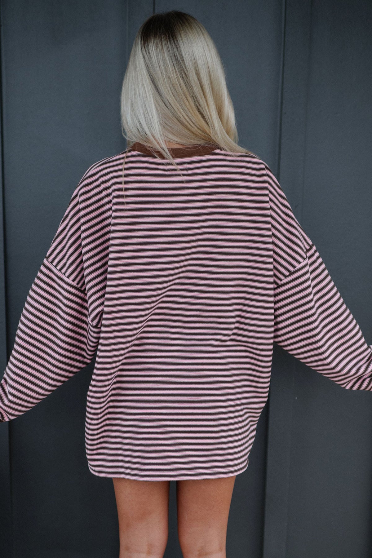 Women's Sky Blue Stripe Long-Sleeve Oversized Top Pocketed Casual Shorts Two-Piece Set