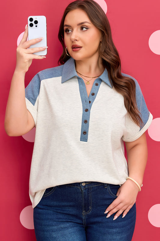 Beige Plus Size Contrast Denim Cuffed Sleeve Polo Tee