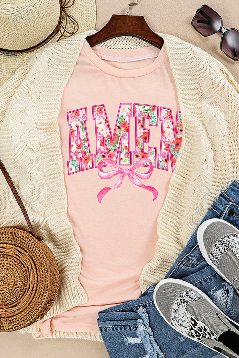 Pink Floral AMEN Bow Graphic Crewneck T-Shirt