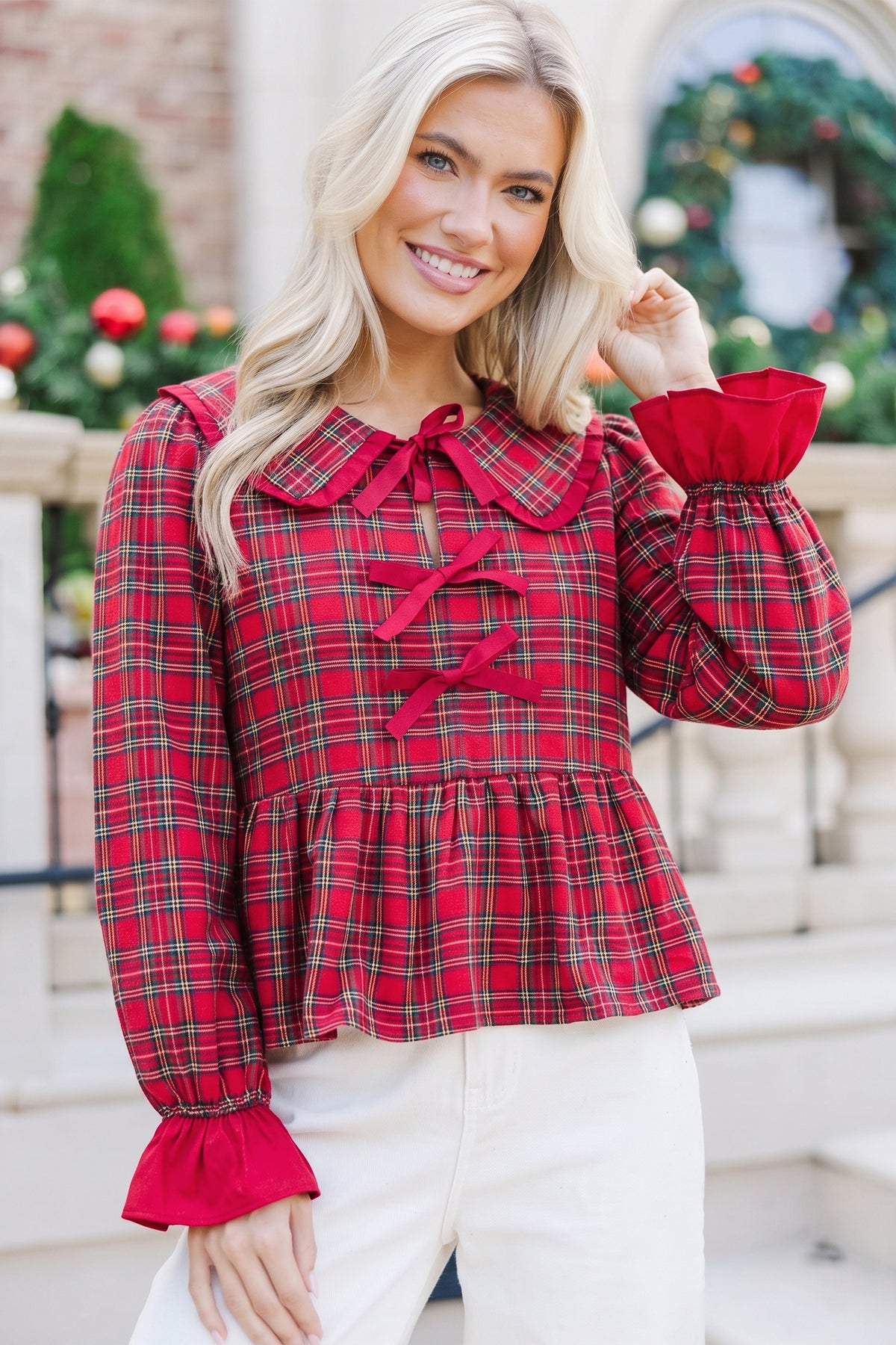 Red Plaid Tie Neck Ruffle Cuffs Shift Blouse