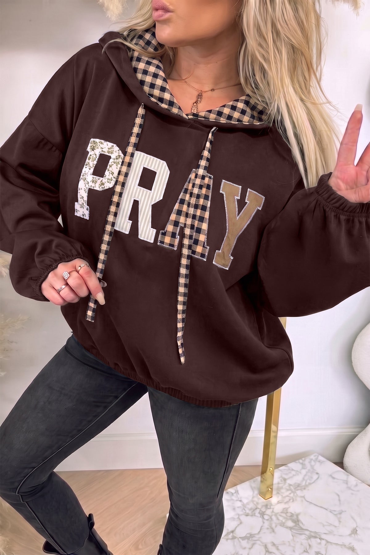 Black PRAY Mix Pattern Plaid Contrast Drawstring Hoodie