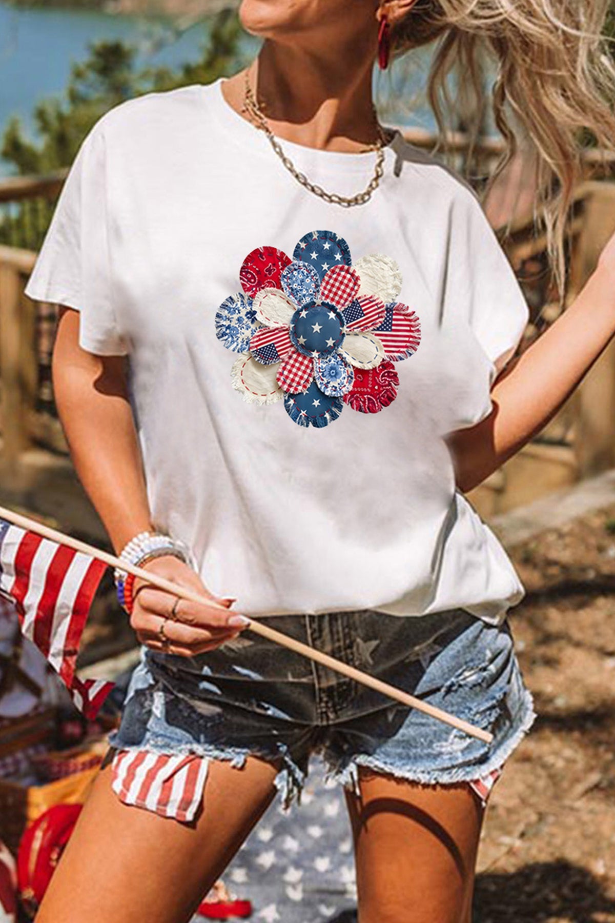 White Faux Patchwork Patriotic Flower Printed T-Shirt