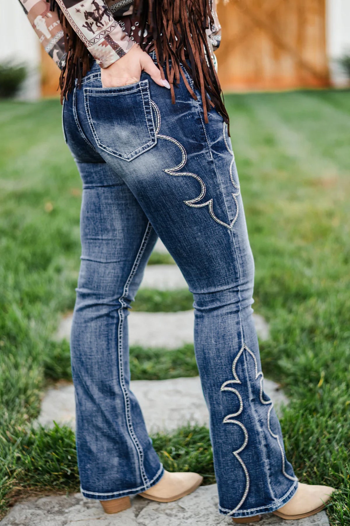 Blue Western Embroidered Flare Full-Length Jeans