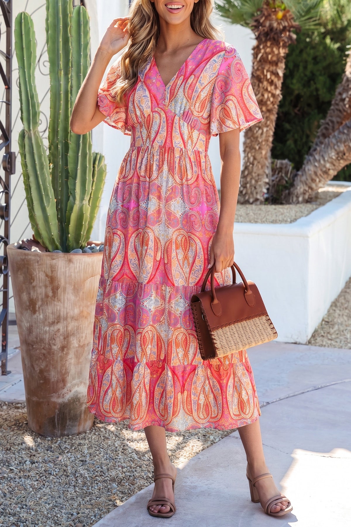 Multicolour Paisley Ruffle V-Neck Maxi Dress