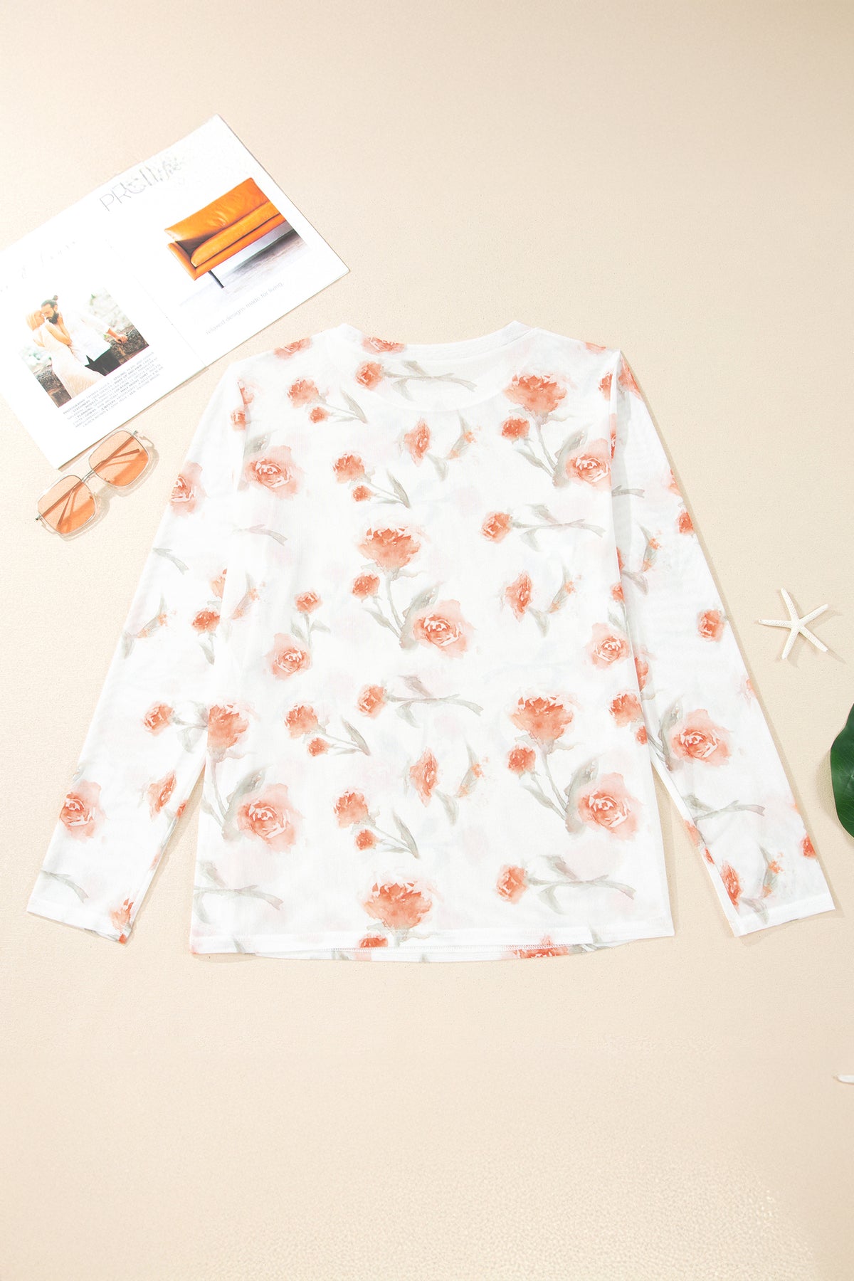 Red Plus Size Floral Print Sheer Mesh Long-Sleeve Top