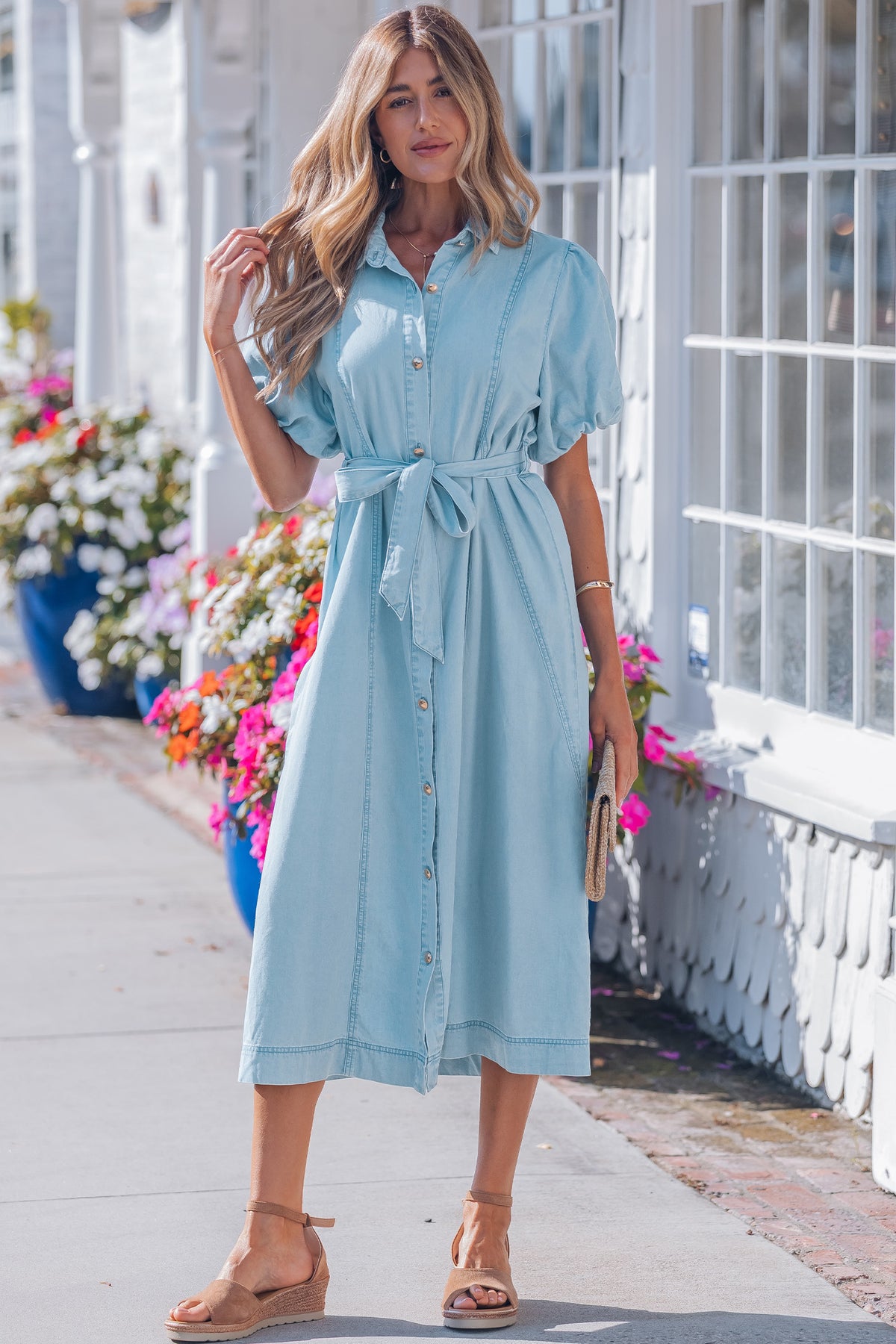Sail Blue Full Buttons Short Bubble Sleeve Long Denim Dress