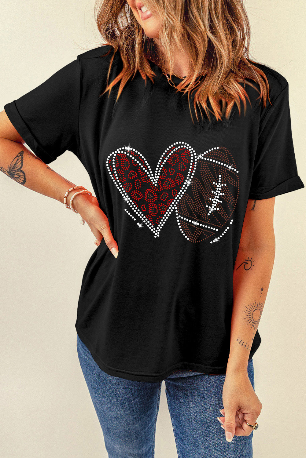 Black Rhinestone Rugby Football Heart Shape Graphic T-Shirt
