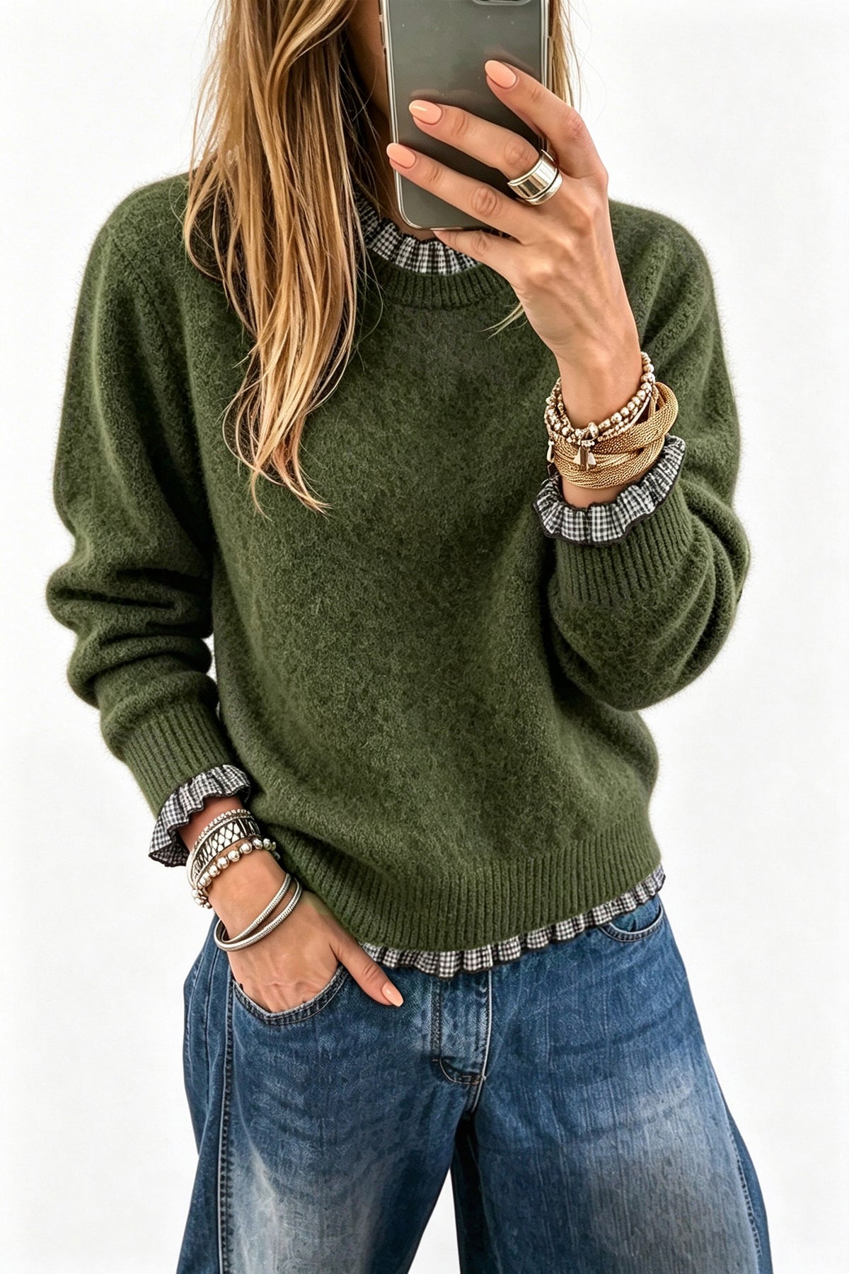 Vineyard Green Plaid Ruffle Trim Pullover Sweater