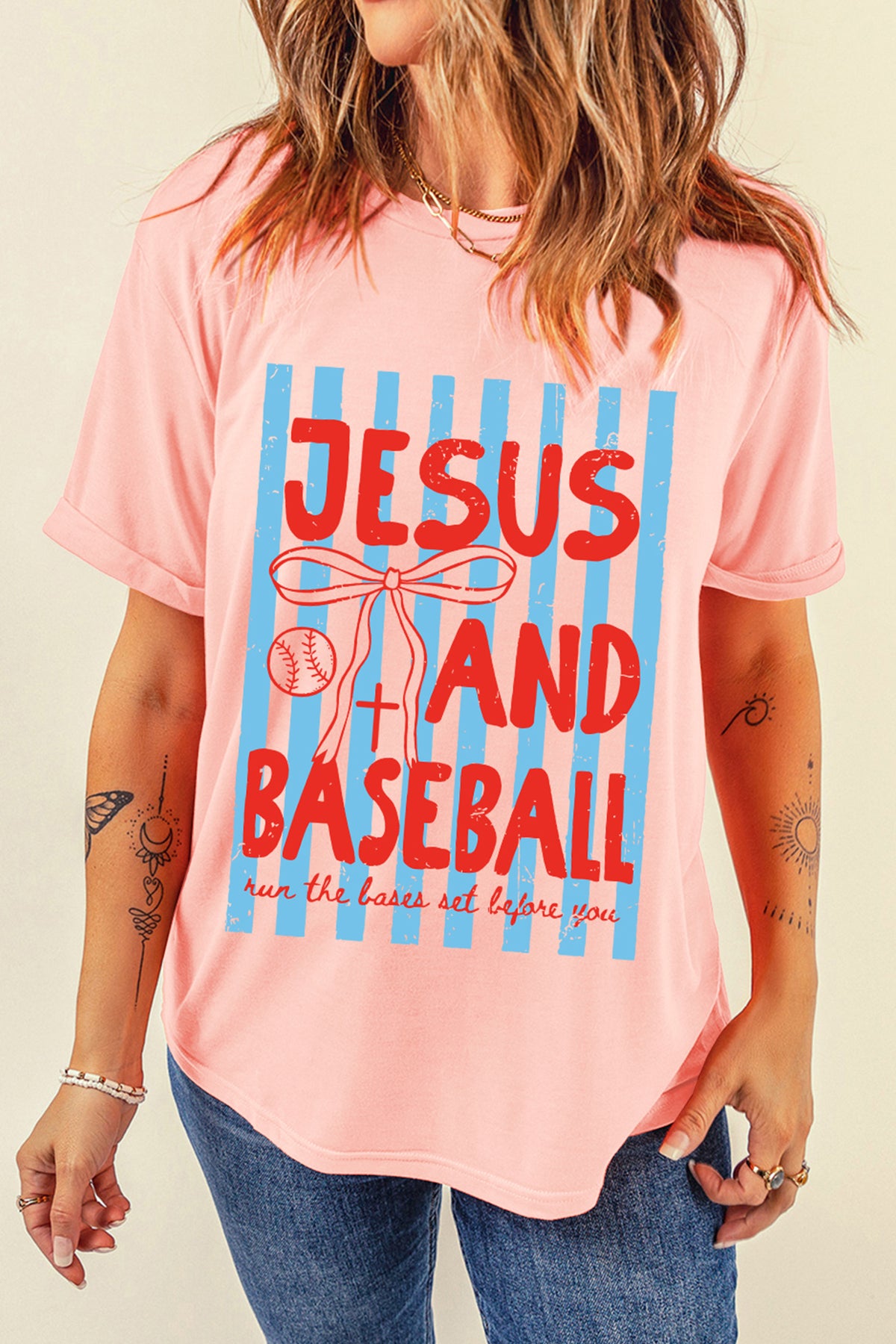 Pink JESUS AND BASEBALL Coquette Striped Print T-Shirt