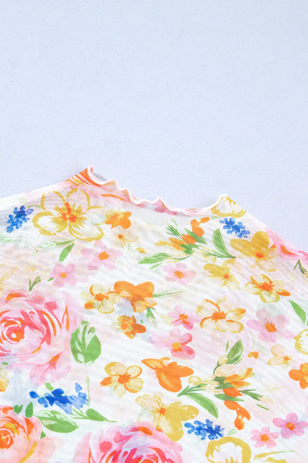 White Lettuce Trim Floral Print Sheer Mesh Top