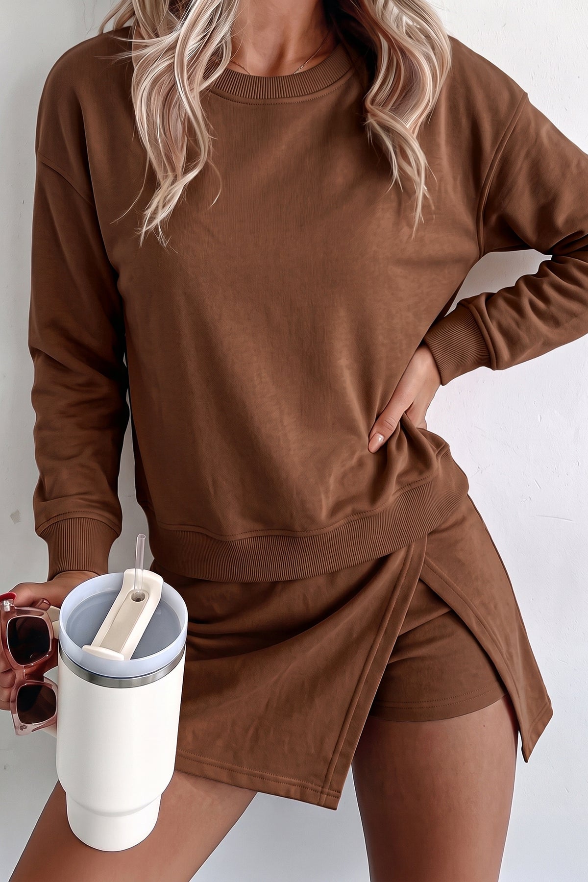 Women's Dirty blue Long-Sleeve Top Split Skort Two-Piece Outfit
