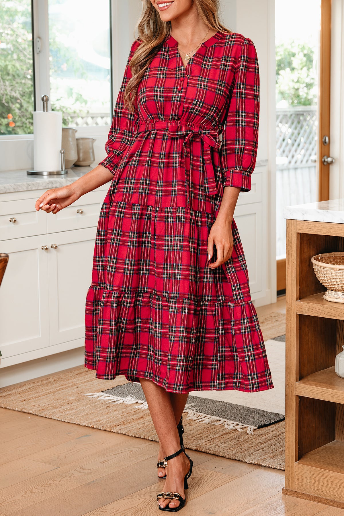 Red Christmas Plaid V Neck 3/4 Sleeve Ruffle Hem Long Dress