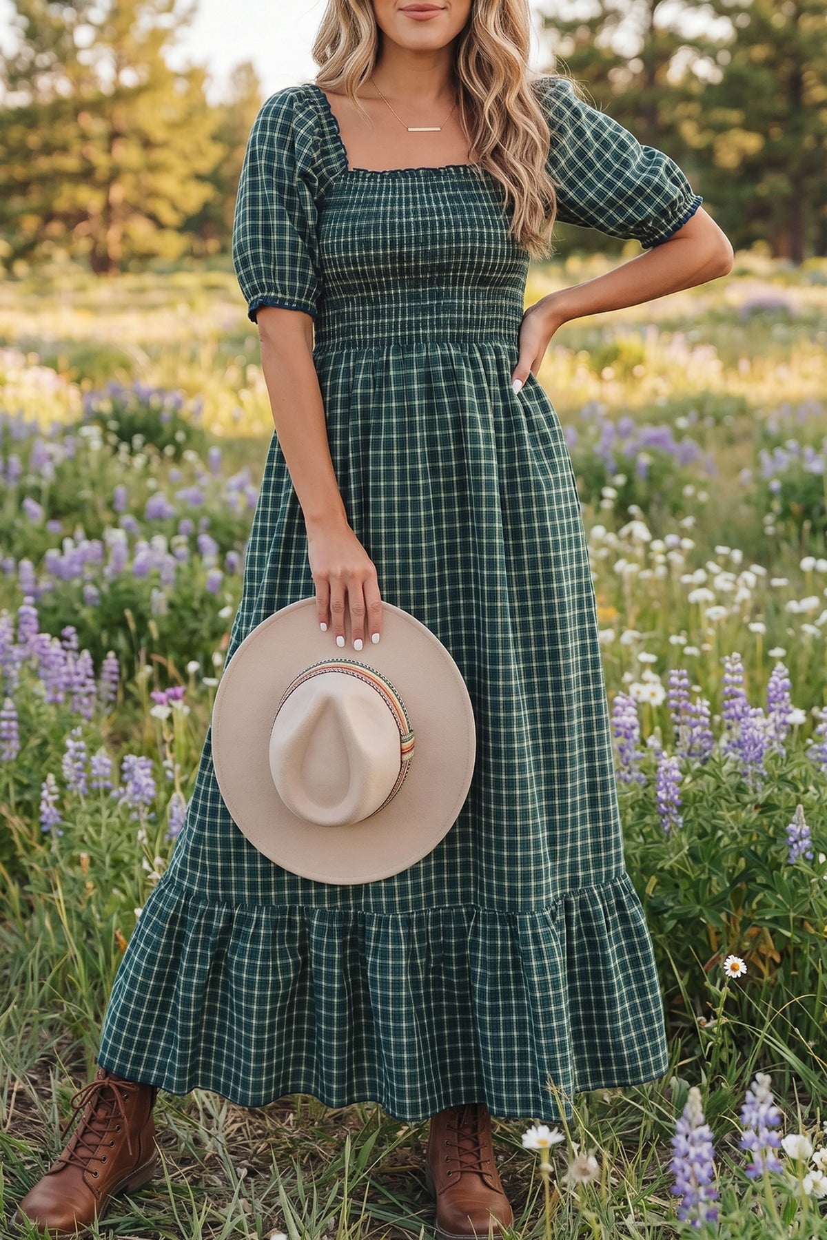 Green Plaid Ruffle Square-Neck Maxi Dress