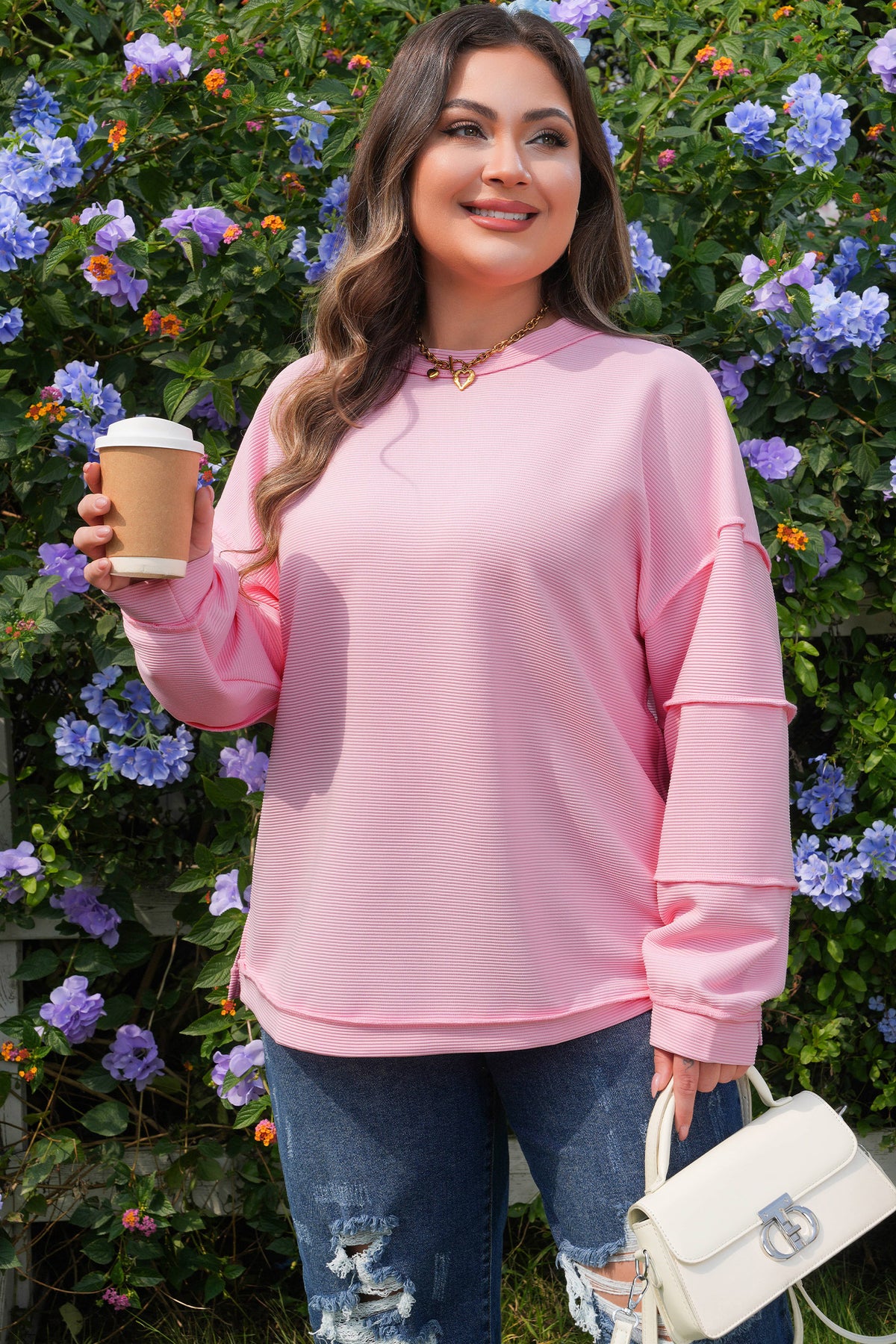 Pink Drop-Shoulder Long-Sleeve Plus Size Ribbed Top