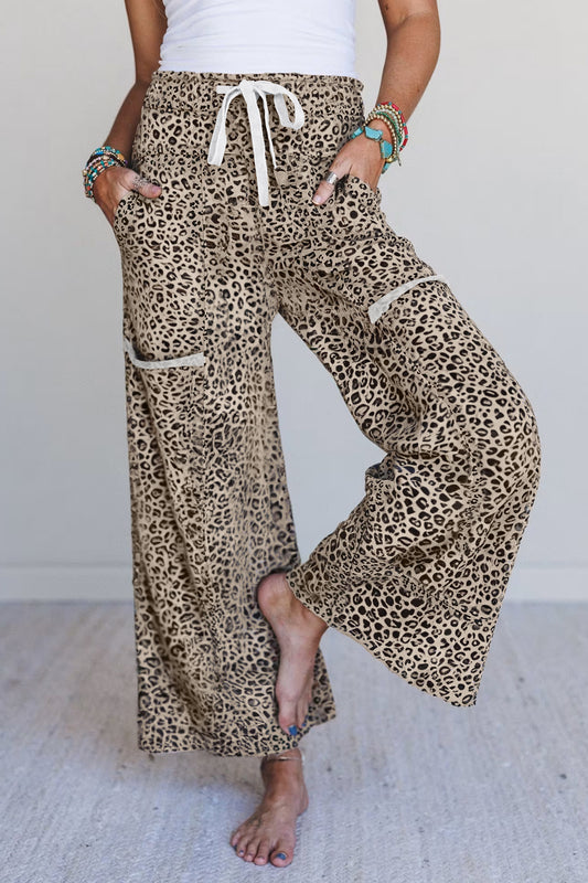 Khaki Animal Print Wide Leg Terry Knit Pants