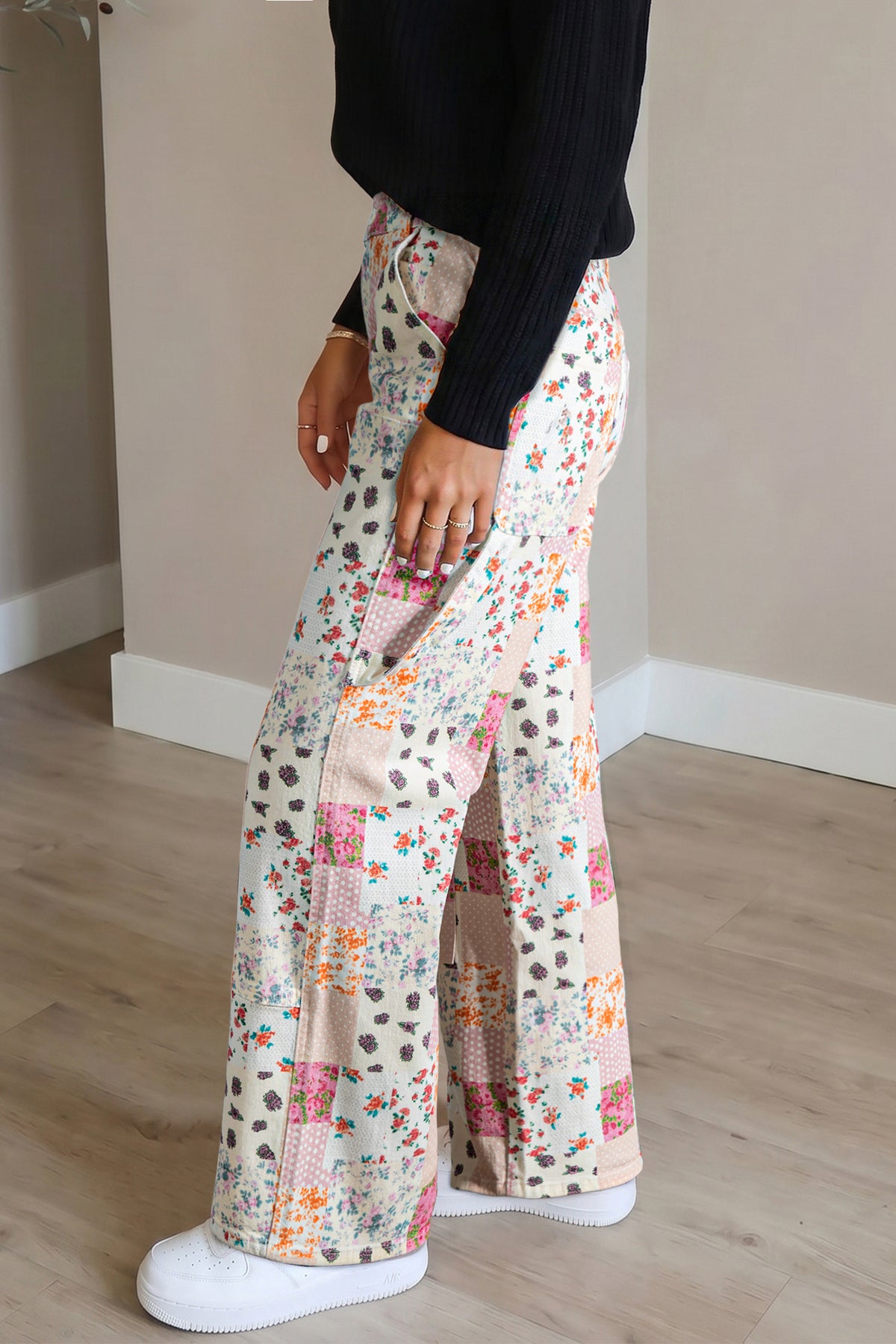 Pink Floral Patchwork Wide Leg Full-Length Jeans