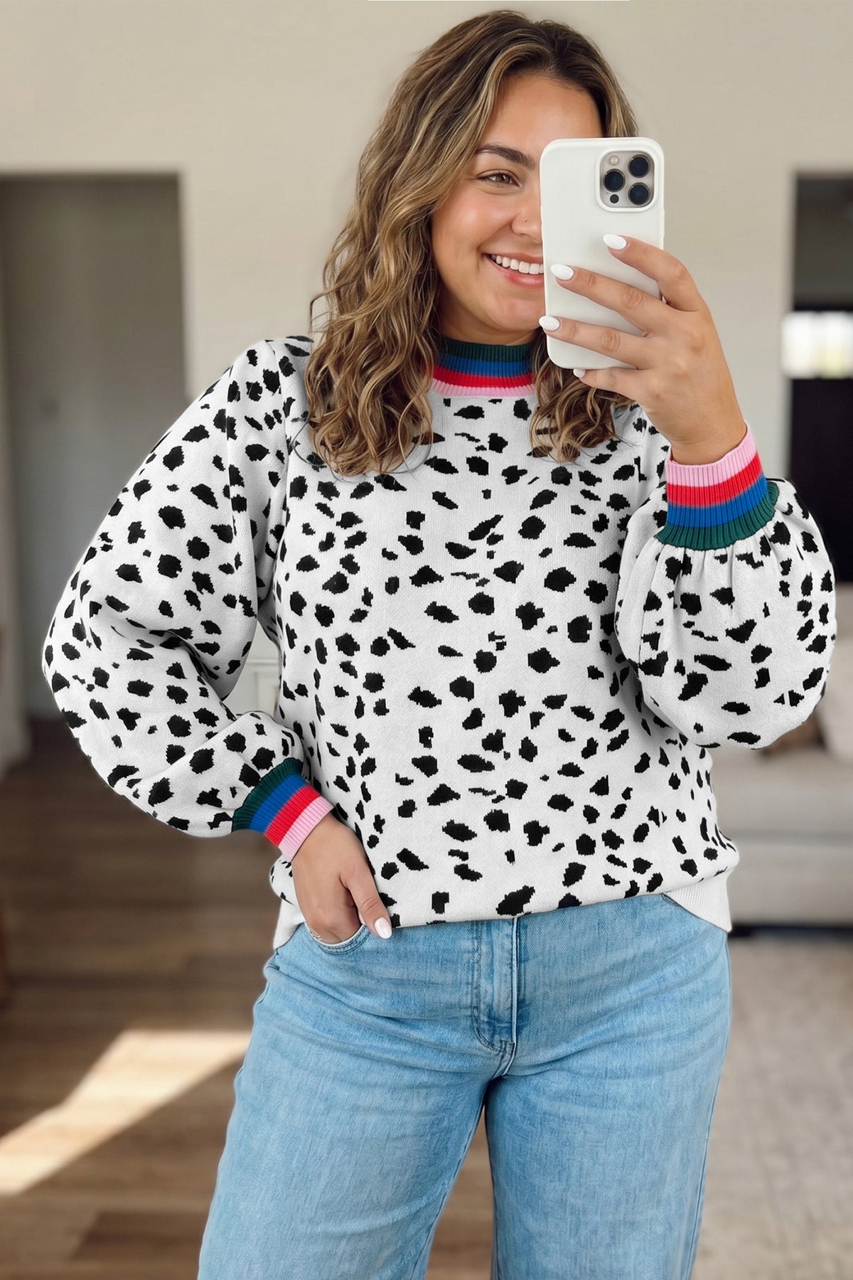 White Leopard Print Color-Block Round-Neck Long-Sleeve Tunic Plus Size Sweater