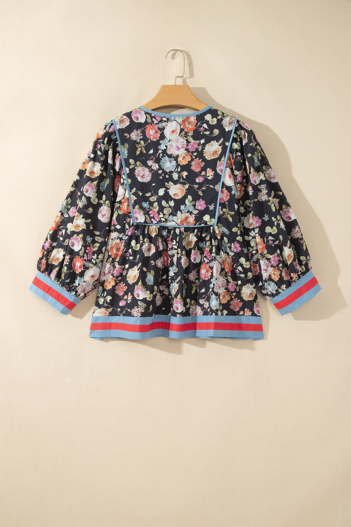 Black Floral Print Contrast Trim Tie V Neck Blouse