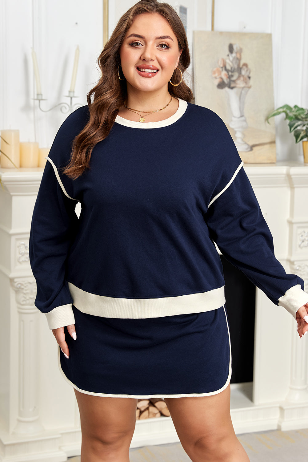 Navy Blue Plus Color-Block Drop-Shoulder Top and Lace-up Skirt Outfit