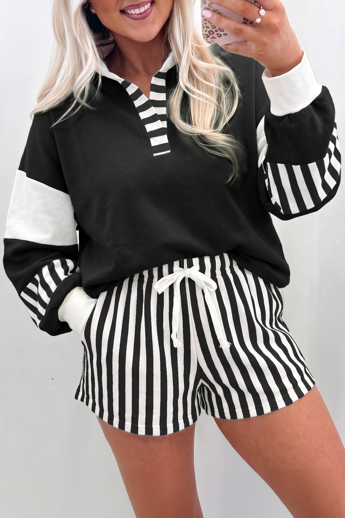 Women's Black Striped Color Block Pullover Top Drawstring Shorts Set