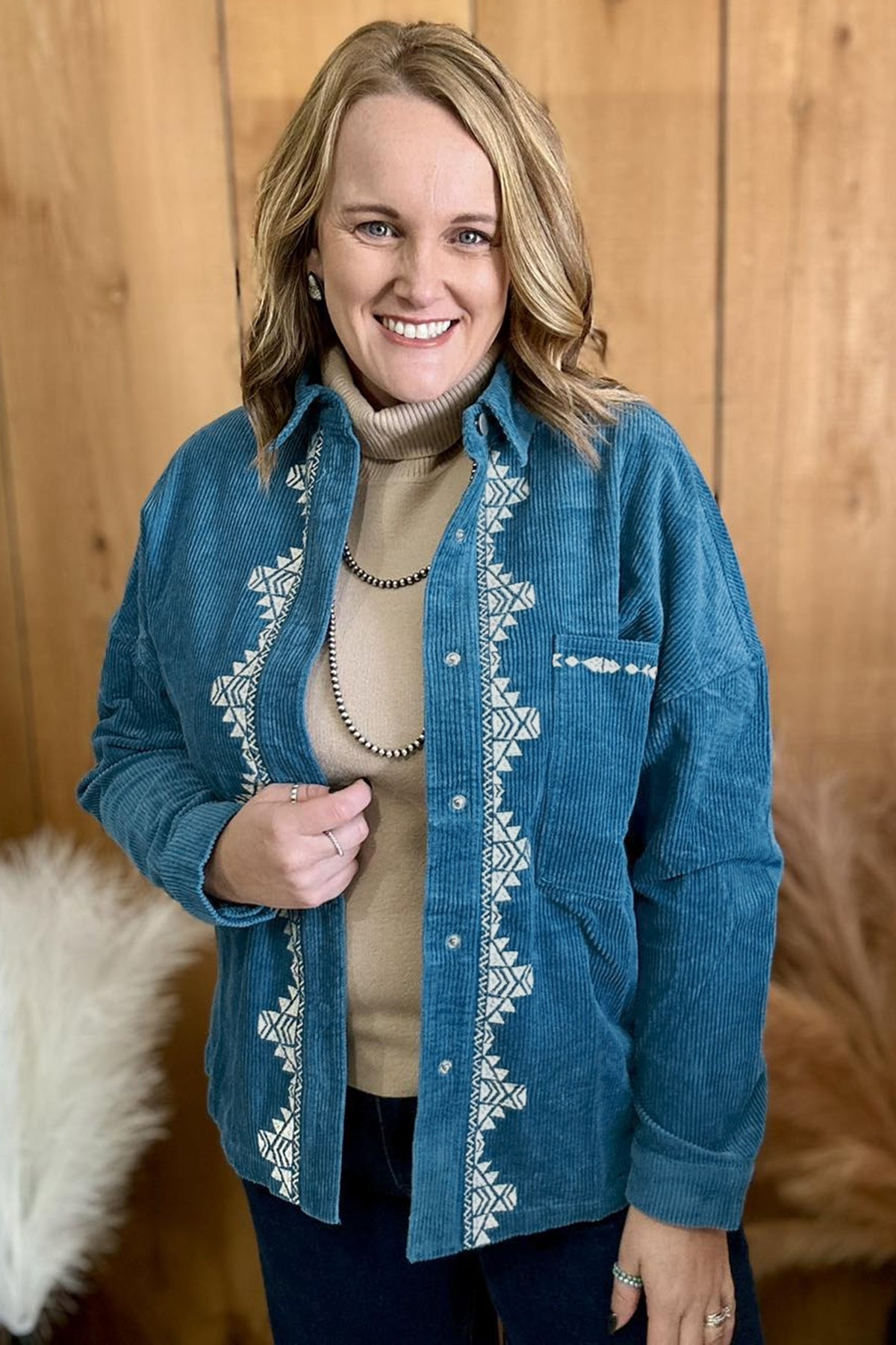 Blue Embroidered Corduroy V-Neck Plus Size Shirt